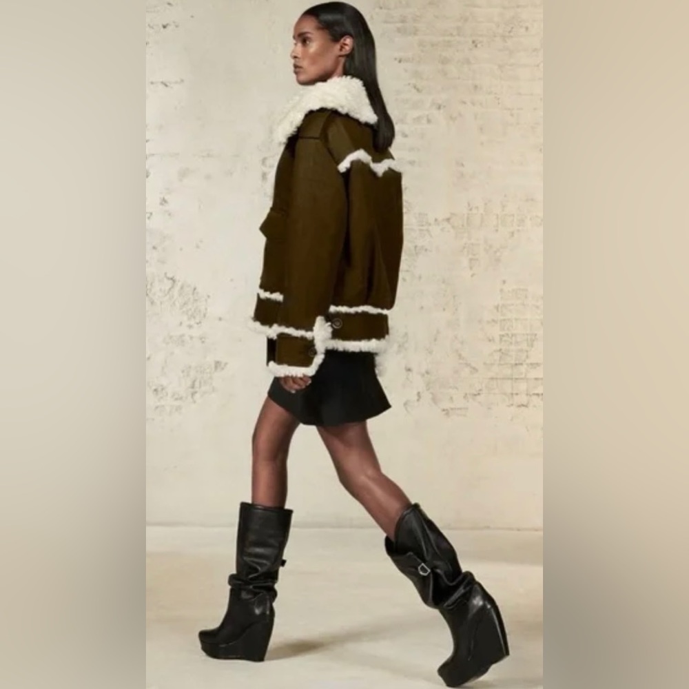 Zara SPRLS Collection khaki Wool Mix Shearling Jacket - Picture 3 of 16
